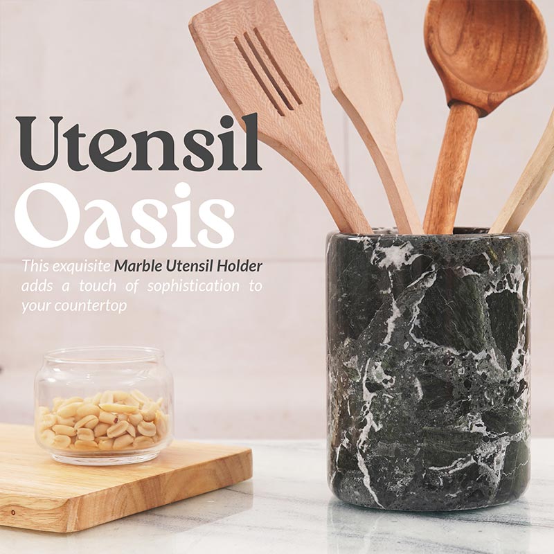 Marble Utensil Holder and Spoon Caddy Black -Countertop Organizer for Kitchen Utensils,