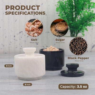 Marble Salt Cellar 3" Inches Black and Green Salt Holder with Lid Set of 2, Handmade Salt and Pepper Bowls, Ideal Sugar Bowl for Kitchen Storage