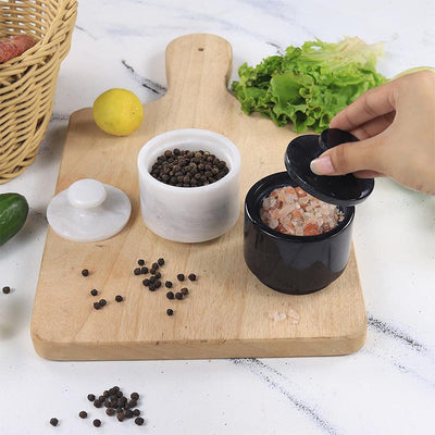 Marble Salt Cellar 3" Inches Black and Green Salt Holder with Lid Set of 2, Handmade Salt and Pepper Bowls, Ideal Sugar Bowl for Kitchen Storage