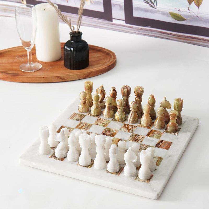 White and Green Onyx 12 Inches High Quality Marble Chess Set With Storage box